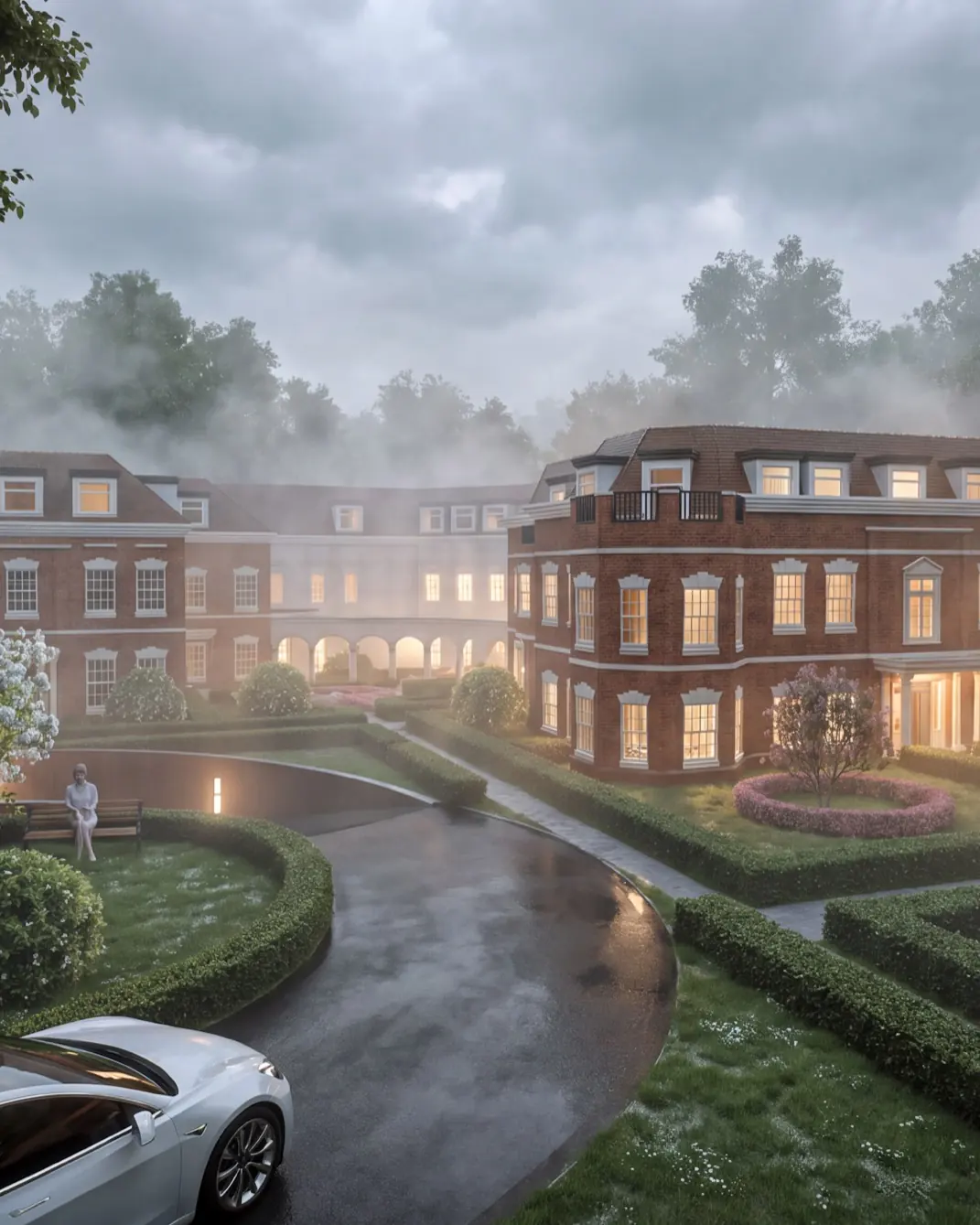 A red-brick English manor with white sash windows and clipped hedges in soft morning mist.