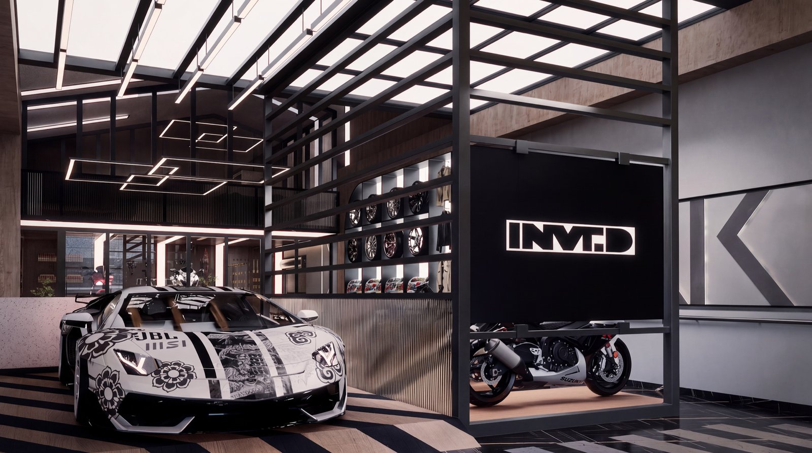 A dark industrial showroom displaying a wrapped supercar and a motorcycle under linear lights.
