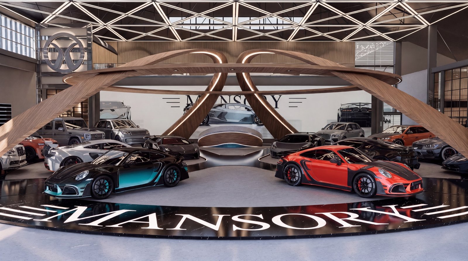 A concept car showroom with sports cars arranged beneath a sweeping timber canopy.