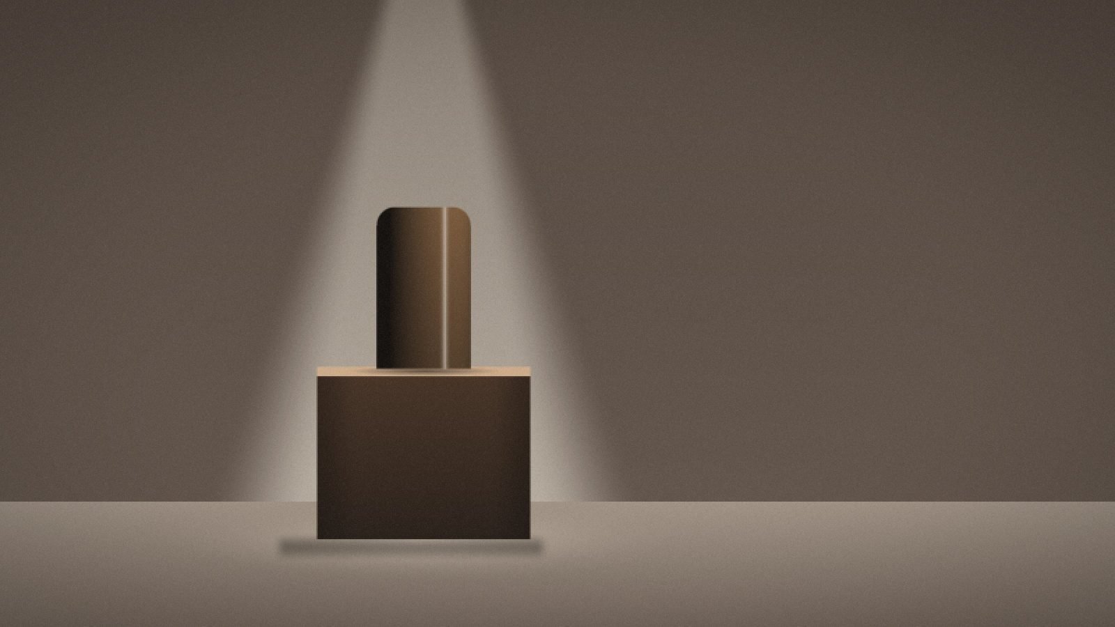 Placeholder image: a product on a cocoa plinth under a warm spotlight