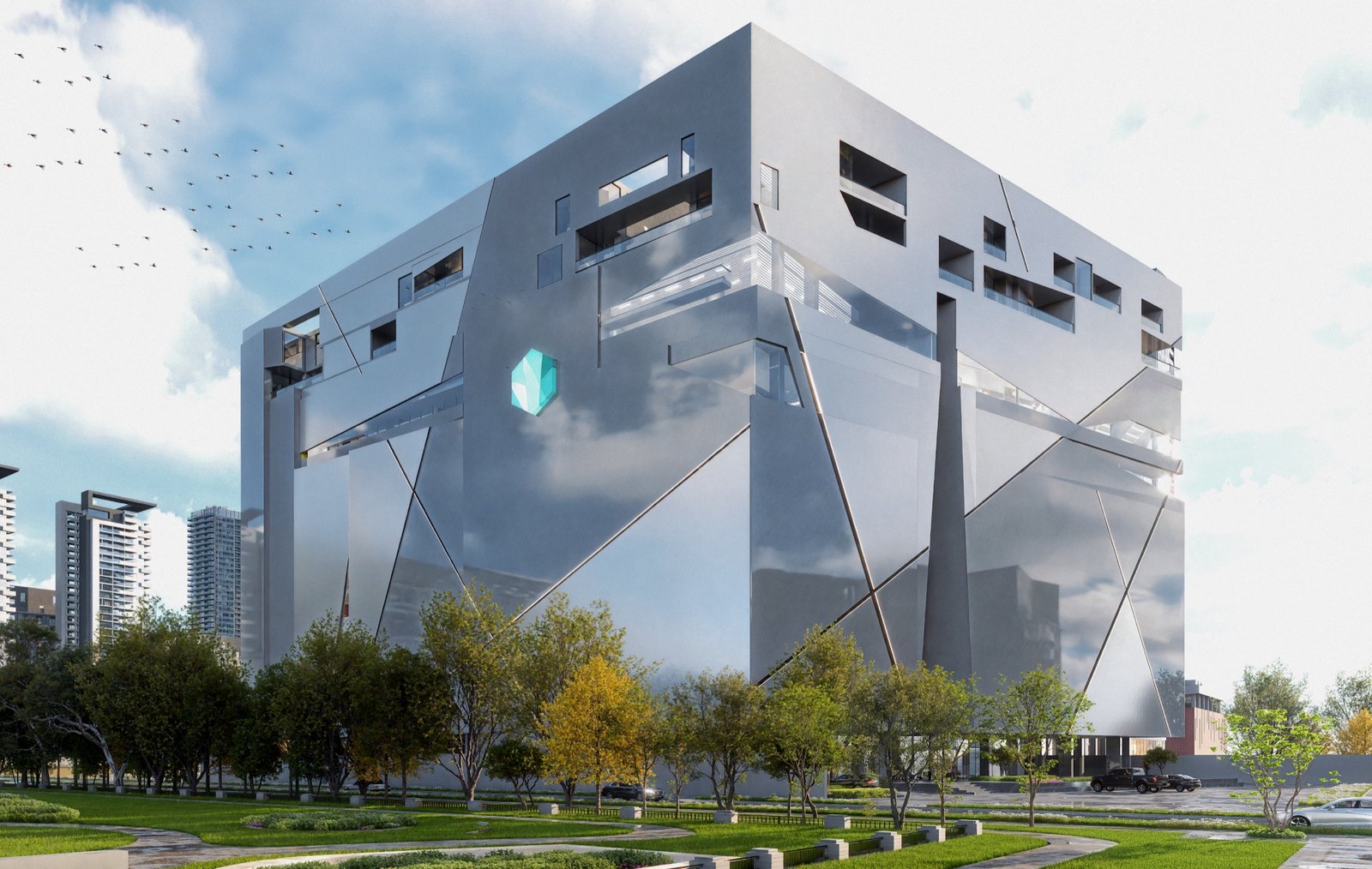A faceted, mirror-clad cube building rising above trees beside a city canal.